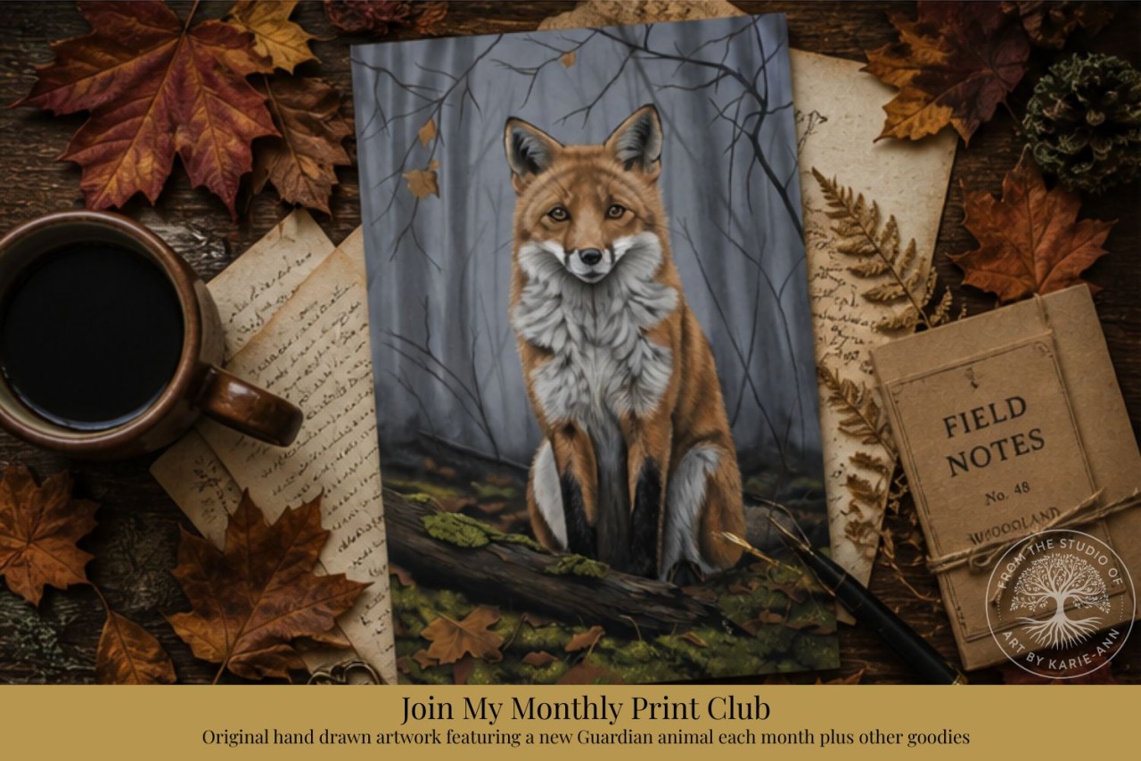Woodland Realm Monthly Print Club flat‑lay showing a guardian fox art print, lore card, story page, colouring page, map fragment of real Forest of Dean locations, and a custom monthly envelope, representing the full folklore‑based subscription ritual.